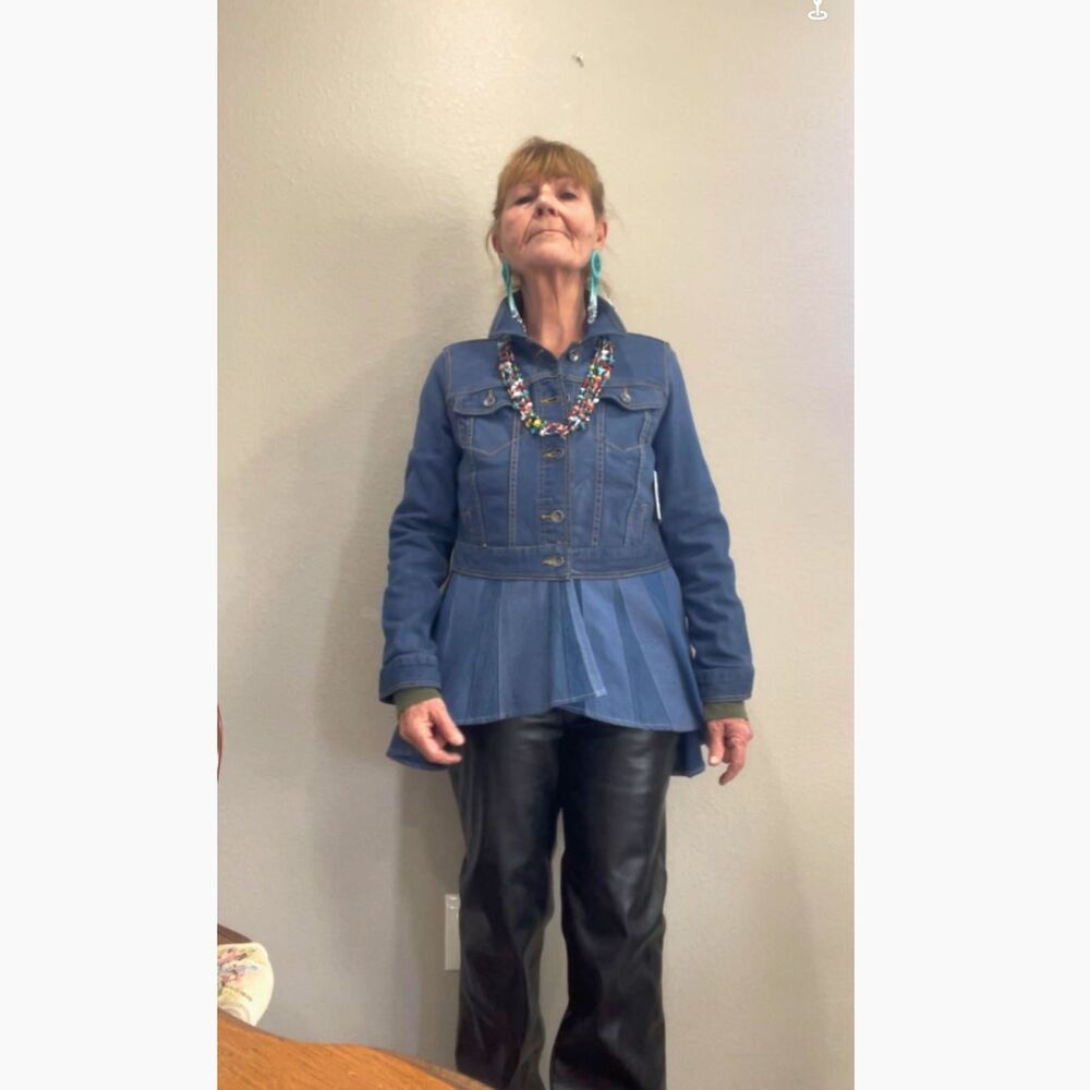 Upcycled blue denim jacket with high low peplum, Size M - Picture 2 of 8